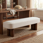 Christopher Knight Home Damas 60.04" Fabric Upholstered Dining Bench, Wooden Entryway Bench, Long Sofa Footstool for Living Room, Bedroom End of Bed Bench, Milky White+Walnut