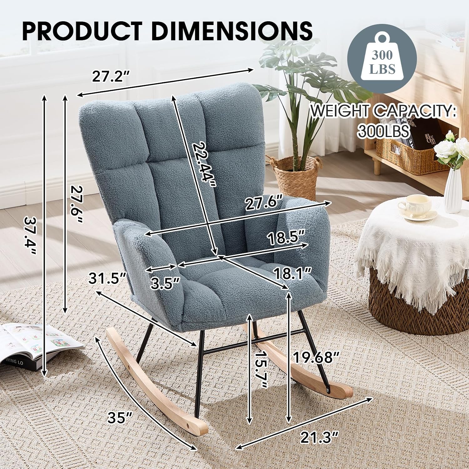 Nursery Rocking Chair, Teddy Upholstered Glider Chair with High Backrest, Tufted Rocker Glider Chair with Thick Cushion, Cozy Rocking Armchair, Rocker Padded Seat for Bedroom(Blue)