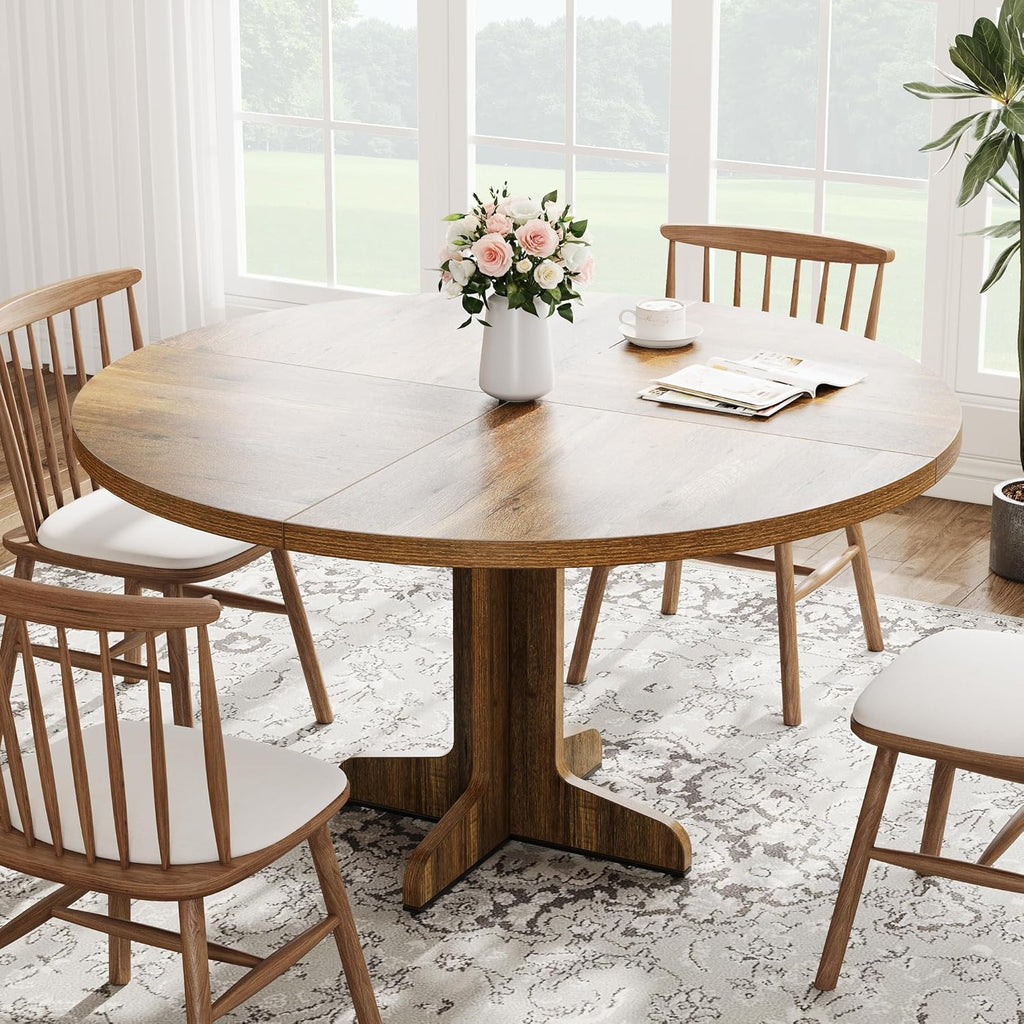 47" Round Dining Table for 4, Farmhouse Kitchen Dining Room Table, Brown | Circle Dinner Table, Kitchen Dining Room Furniture (Table Only)