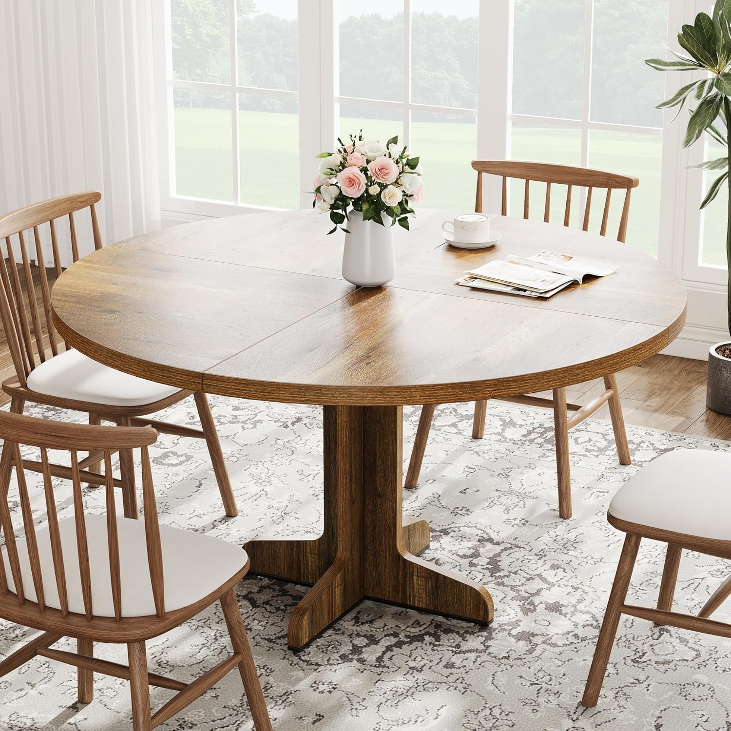 47" Round Dining Table for 4, Farmhouse Kitchen Dining Room Table, Brown | Circle Dinner Table, Kitchen Dining Room Furniture (Table Only)