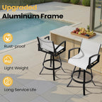 Pellebant 30" Aluminum Outdoor Bar Stools Set of 2, Sunbrella Swivel Patio Bar Height Bar Stools with Back & Footrest, Rust-Proof Patio Bar Stools for Deck Lawn Garden, White