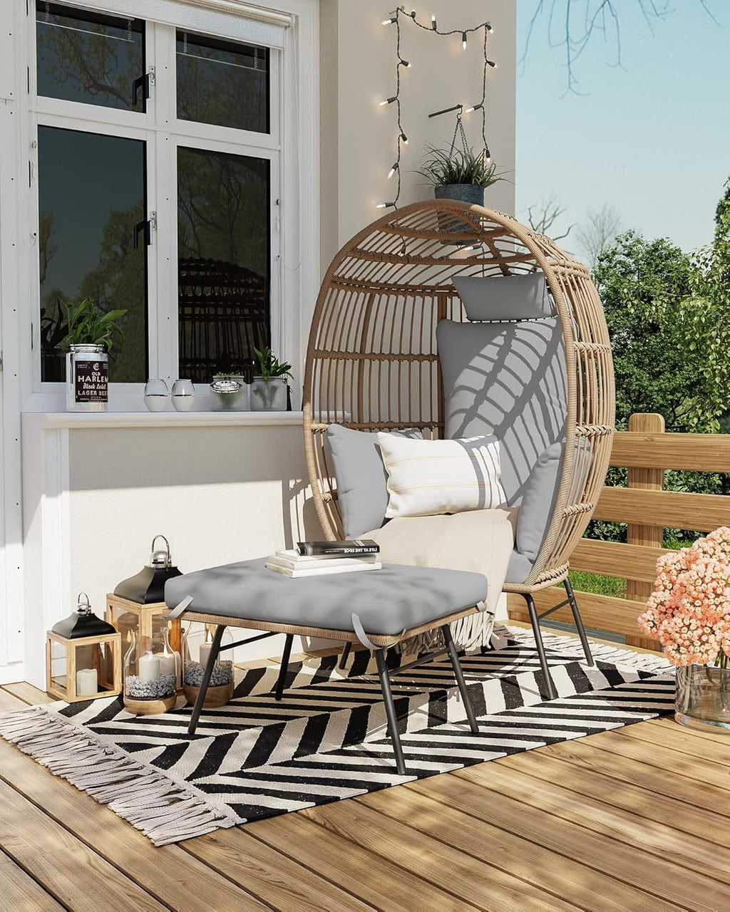Wicker Egg Chair with Ottoman, Oversized Egg Shaped Lounge Chair with Thick Cushion, Comfy Rattan Seat for Indoor Outdoor Patio Porch Backyard, Grey