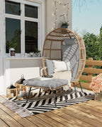 Wicker Egg Chair with Ottoman, Oversized Egg Shaped Lounge Chair with Thick Cushion, Comfy Rattan Seat for Indoor Outdoor Patio Porch Backyard, Grey
