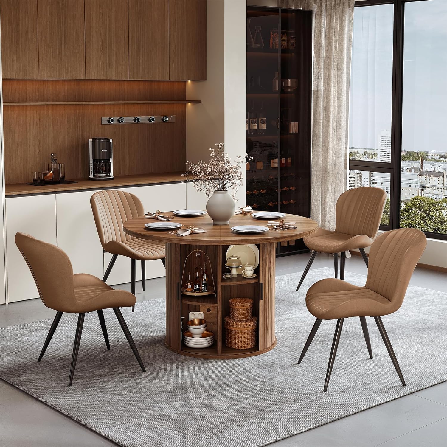 Miereirl Modern 5-Piece Dining Set for 4，47.24" Round Wooden Table with Semi-Open Storage Rack & Siding Door, Paired wth High-End Fabric Chairs -Warm Home Dining Room Combination