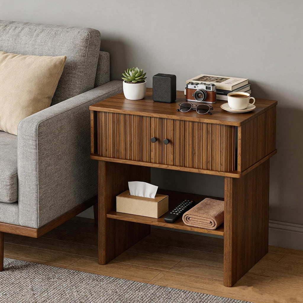 Nightstand with Fluted Sliding Door, 3-Tier Side Table with Hidden Cabinet and Open Storage, 21.7" Wide Modern End Table, for Living Room, Bedroom, Dorm, Spacious Desktop Space, Walnut Brown
