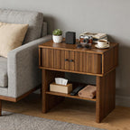 Nightstand with Fluted Sliding Door, 3-Tier Side Table with Hidden Cabinet and Open Storage, 21.7" Wide Modern End Table, for Living Room, Bedroom, Dorm, Spacious Desktop Space, Walnut Brown