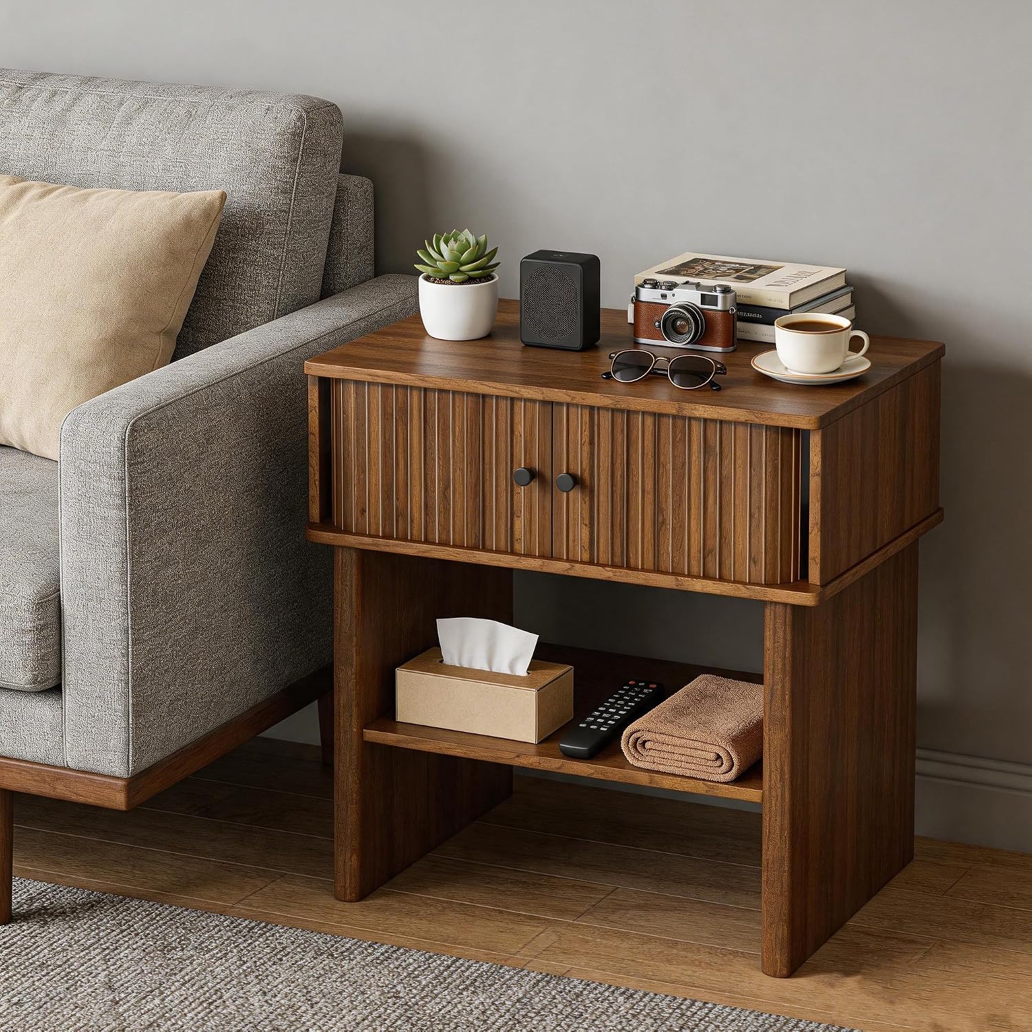 Nightstand with Fluted Sliding Door, 3-Tier Side Table with Hidden Cabinet and Open Storage, 21.7" Wide Modern End Table, for Living Room, Bedroom, Dorm, Spacious Desktop Space, Walnut Brown