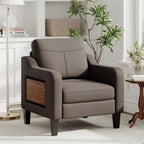 Accent Chair for Living Room Modern Linen Upholstered Armchair Side Wooden Fabric Sofa Chair with Foldable Table 2 Side Pockets Comfy Reading Chair for Bedroom
