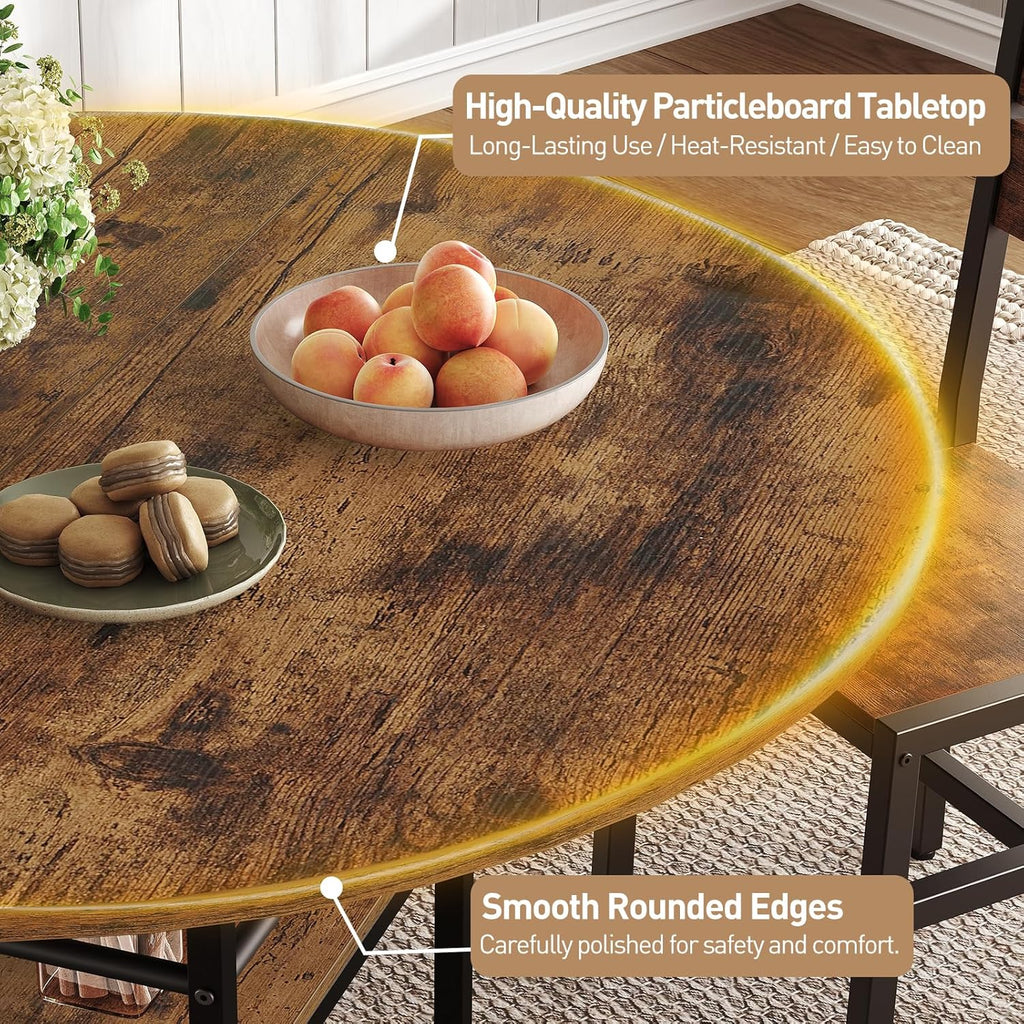 RALGEND 47.2" Round Dining Table for 4，Farmhouse Wooden Kitchen Table with Storage, Space Saving Circle Dinner Table with Metal Legs, for Dining Room, Living Room, Kitchen, Rustic Brown and Black