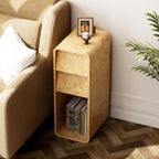 Aoikax Modern Burl Finish End Table with 2 Drawers and Open Storage, Curved Wood Side Table, Narrow Sofa Table, Slim Bedside Table for Living Room or Small Spaces