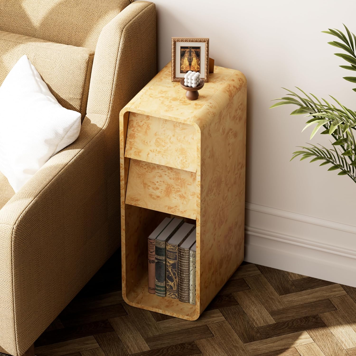 Aoikax Modern Burl Finish End Table with 2 Drawers and Open Storage, Curved Wood Side Table, Narrow Sofa Table, Slim Bedside Table for Living Room or Small Spaces