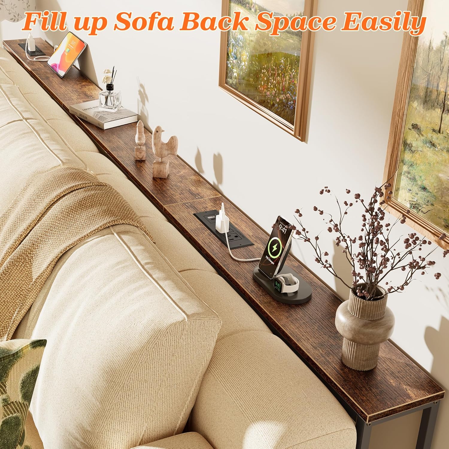SUPERJARE 94.5 Inch Sofa Table with 2 Power Outlets and USB-C Ports, 5.9 Inch Narrow Console Table with Storage, Long Entryway Hallway Couch Table Behind Sofa, Small Spaces, Living Room, Rustic Brown