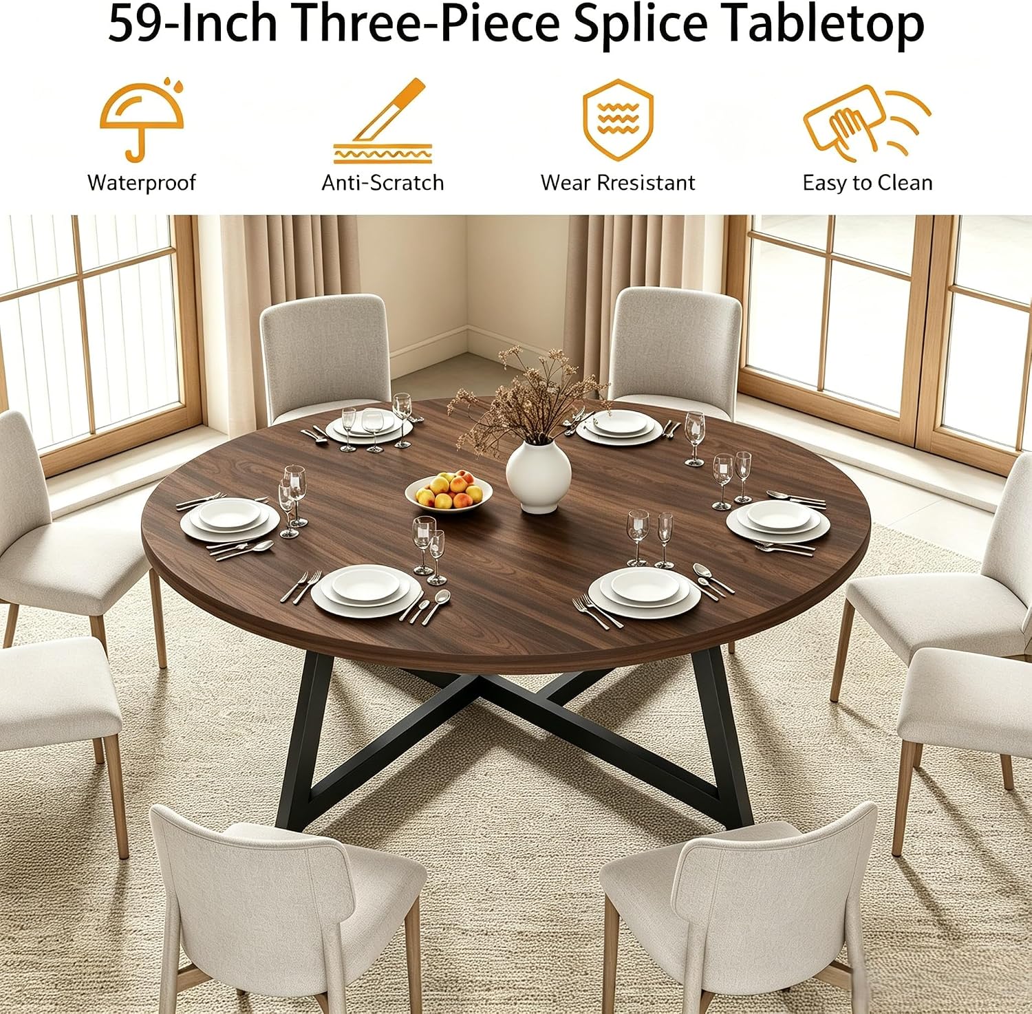 Large Round Dining Table for 6-8, Wooden Dinner Table with Heavy Duty Metal Pedestal Base (Dark Brown)