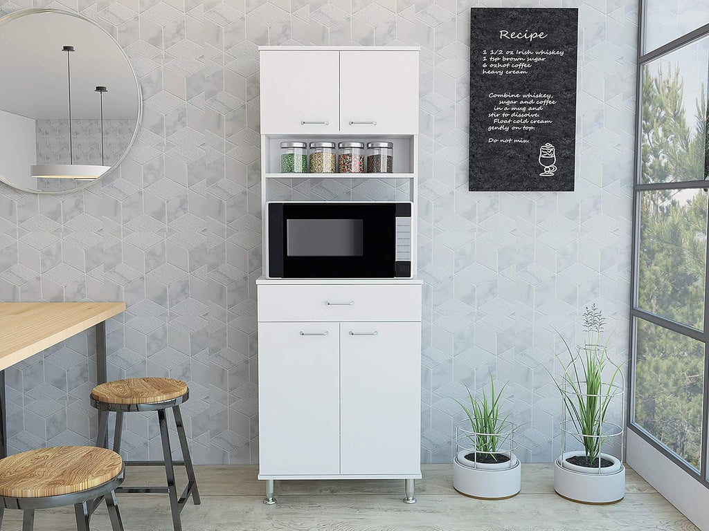 23.6" D*13.9" W*66.5" H Kitchen Pantry with 19.9" Drawer, 3 Shelves & 2 Double Doors, Sliver Door Handles, Farmhouse Rectangular Storage Cabinet, for Living Room, Dining Room, White