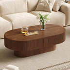 Merax Modern Oval Coffee Table with Sturdy Base, Wood Minimalist Fluted Center End Tables for Living Room Reception Room, Easy Assemble,Walnut