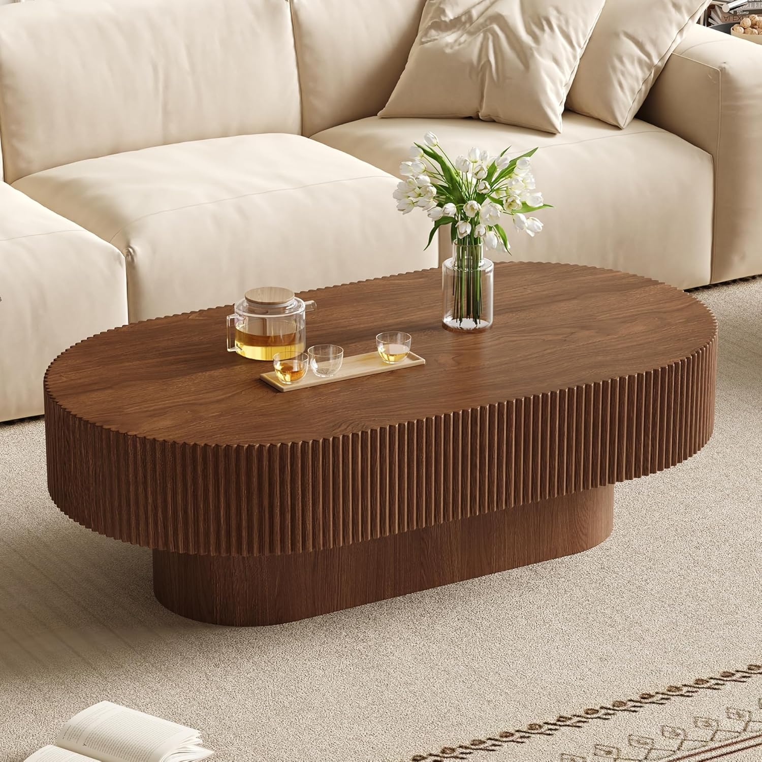 Merax Modern Oval Coffee Table with Sturdy Base, Wood Minimalist Fluted Center End Tables for Living Room Reception Room, Easy Assemble,Walnut