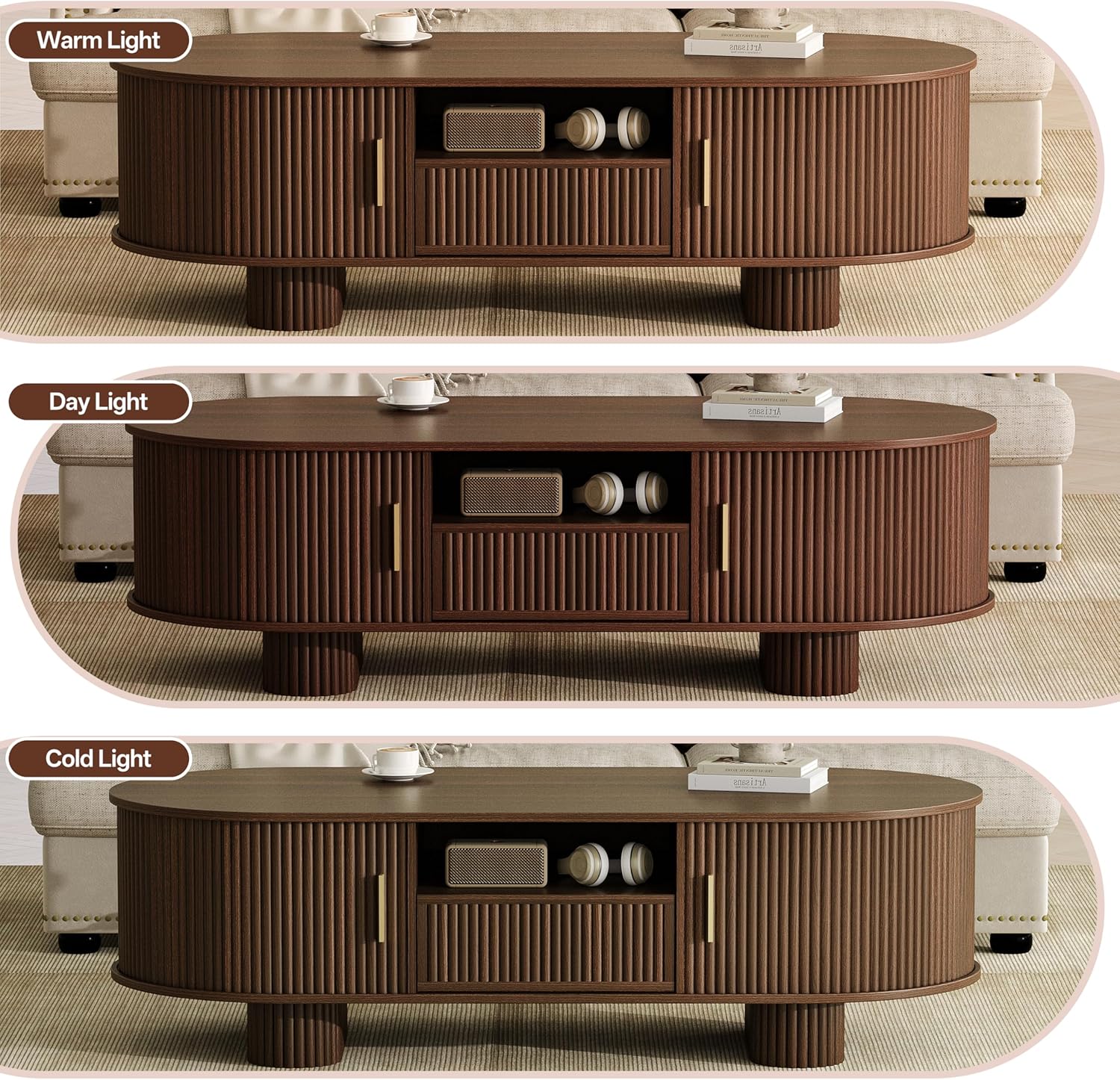 55.1" Oval Coffee Tables with Storage,Fluted Mid Century Modern Center Table with Drawer,Accent Coffee Table with Sliding Door for Living Room Small Space (Walnut)