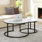 Nesting Coffee Tables Set of 2, 31.5" Round Coffee Table for Living Room, Marble Pattern Wooden Tabletop Black Sturdy Metal Frame Tables, Modern Bedroom Simple Nightstand Balcony Yard
