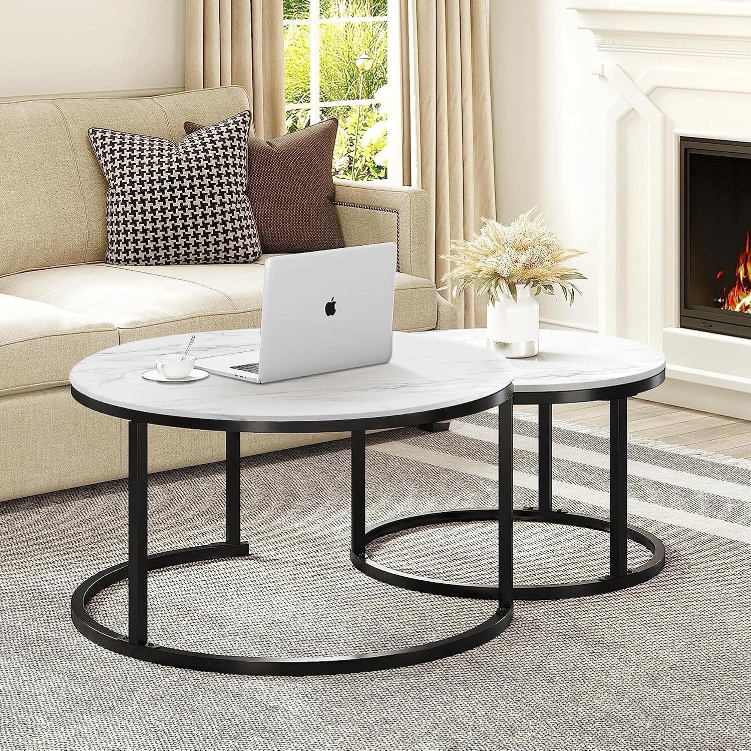 Nesting Coffee Tables Set of 2, 31.5" Round Coffee Table for Living Room, Marble Pattern Wooden Tabletop Black Sturdy Metal Frame Tables, Modern Bedroom Simple Nightstand Balcony Yard