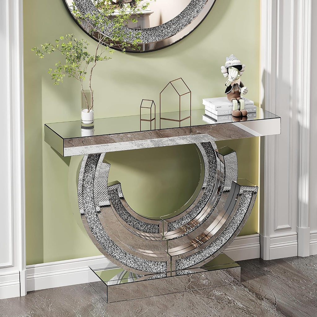 Silver Mirrored Console Table, 43" Modern Entryway Table with Crushed Diamond lnlay, 3C-Shaped Shiny Mirrored Sofa Table Behind Couch Foyer Hallway Tables for Living Room Entrance