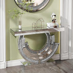 SSLine Mirror Console Table for Living Room 43" Modern Mirrored Entryway Table with Crystal 3-Ring Shape Base Luxury Silver Foyer Tables for Entryway Hallway
