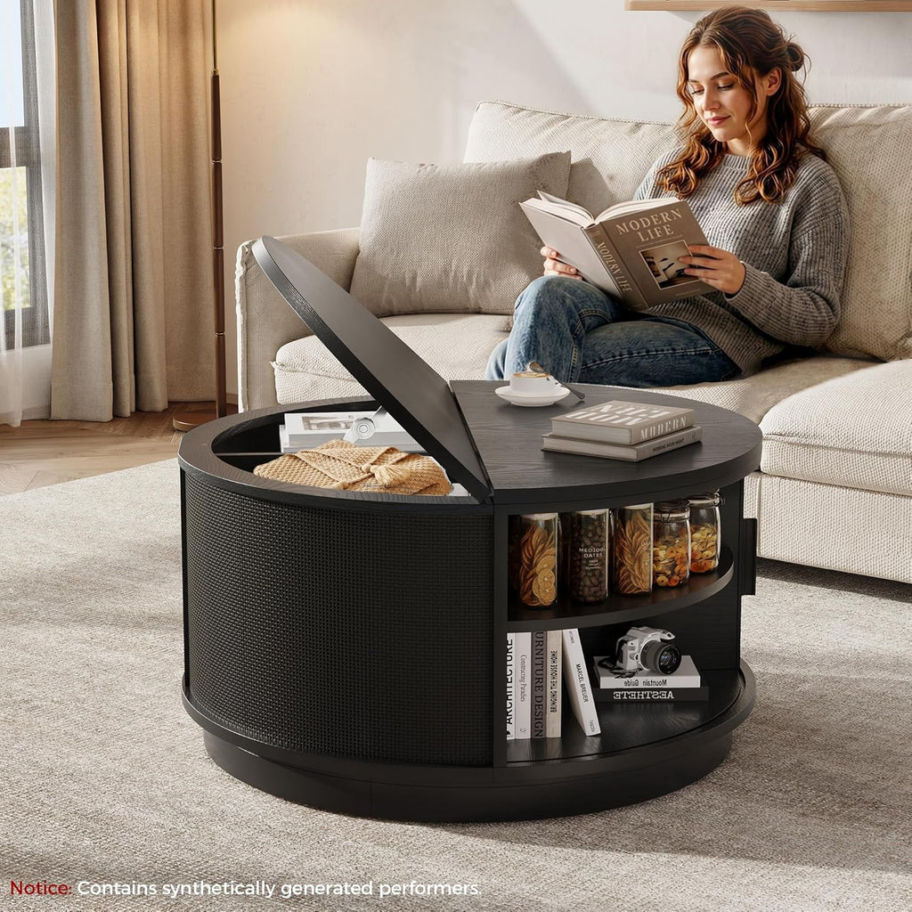 LIKIMIO Round Coffee Table with Storage, 360° Rotating Fluted Rattan Coffee Table for Living Room, 31.5" Modern Center Table with Sliding Cabinet Doors for Small Space, Office, Black