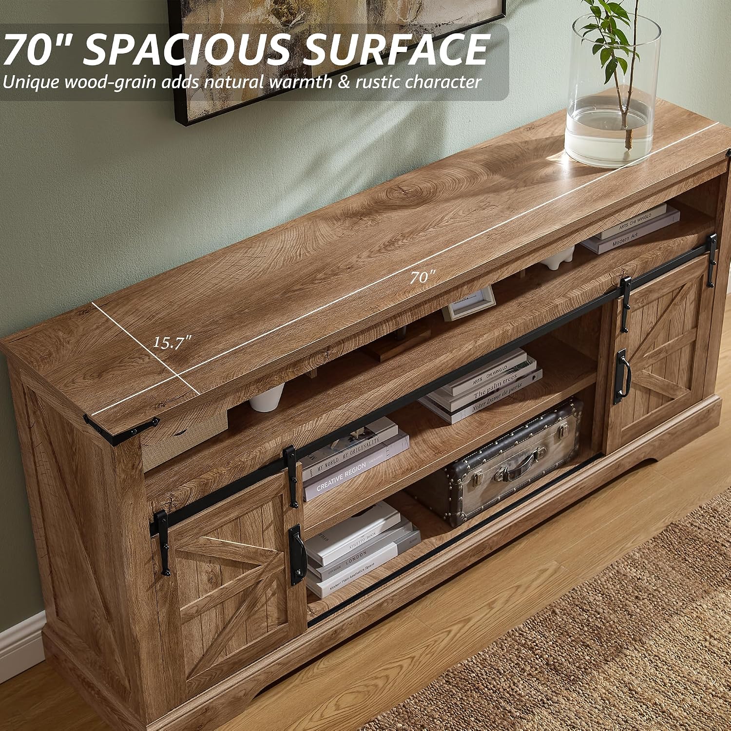 OKD 70" Farmhouse TV Stand for TVs up to 80", Light Knotty Oak | 33" Tall, Rustic Entertainment Center, Sliding Barn Door, Large Open Storage Shelf, 2 Storage Cabinets, Living Room, Bedroom