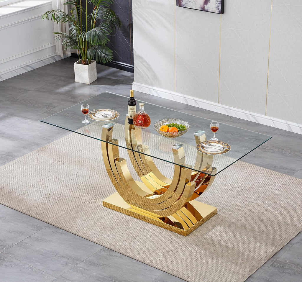 70inch Luxury Dining Table for 4 6, Modern Glass Kitchen Dining Room Table with Gold Mirrored Steel Base,Large Rectangle Tempered Glass Top Dinner Tables for Kitchen, Dining Room