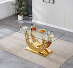 70inch Luxury Dining Table for 4 6, Modern Glass Kitchen Dining Room Table with Gold Mirrored Steel Base,Large Rectangle Tempered Glass Top Dinner Tables for Kitchen, Dining Room