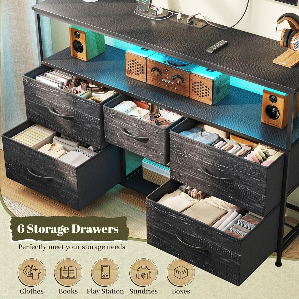 Romorgniz Black TV Stand for 45/50" TVs, 5 Deep Drawers&Led Lights&Outlets | Small Dresser For Bedroom&Studio,Strong Metal Frame For Stability,Spacious Shelves Display Collections&Keep Things Organized