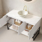 48" Bathroom Vanity with Vessel Sink & 3 Soft-Closing Doors & Open Shelf, Freestanding Bathroom Cabinet with Ceramic Basin and Carrara White Sintered Stone Counter Top-Colmar, White/S