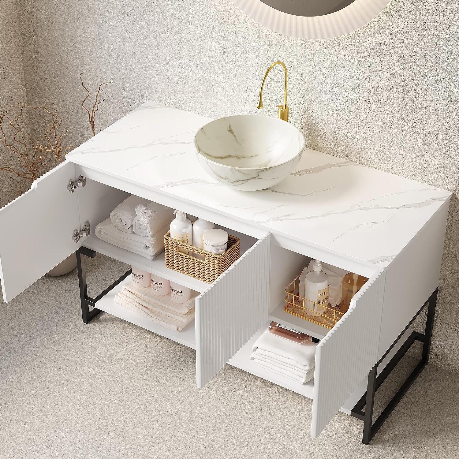 48" Bathroom Vanity with Vessel Sink & 3 Soft-Closing Doors & Open Shelf, Freestanding Bathroom Cabinet with Ceramic Basin and Carrara White Sintered Stone Counter Top-Colmar, White/S
