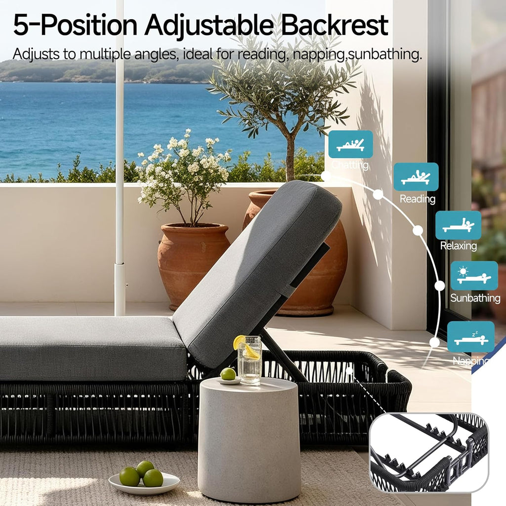 Outdoor Chaise Lounge Chair, Black Woven Rope Patio Recliner with 5-Position Adjustable Backrest, Pool Sunbathing Lounge Chair with Gray Removable Cushions for Poolside, Beach