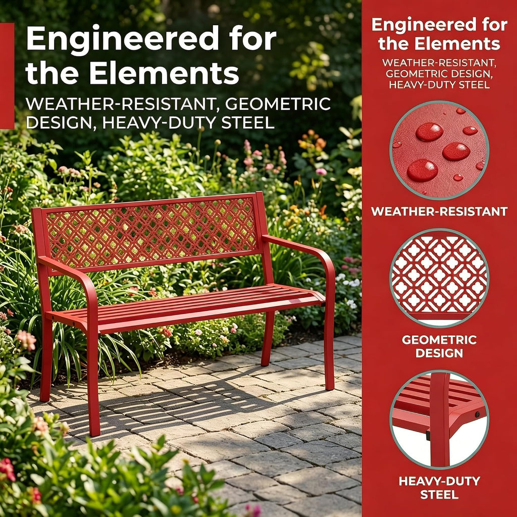 Heavy Duty Red Metal Patio Garden Bench for 2 – 50" Wide, 790 lbs Capacity – Weather Resistant – Geometric Backrest & Slatted Seat – Porch, Yard, Deck, Entryway – Red