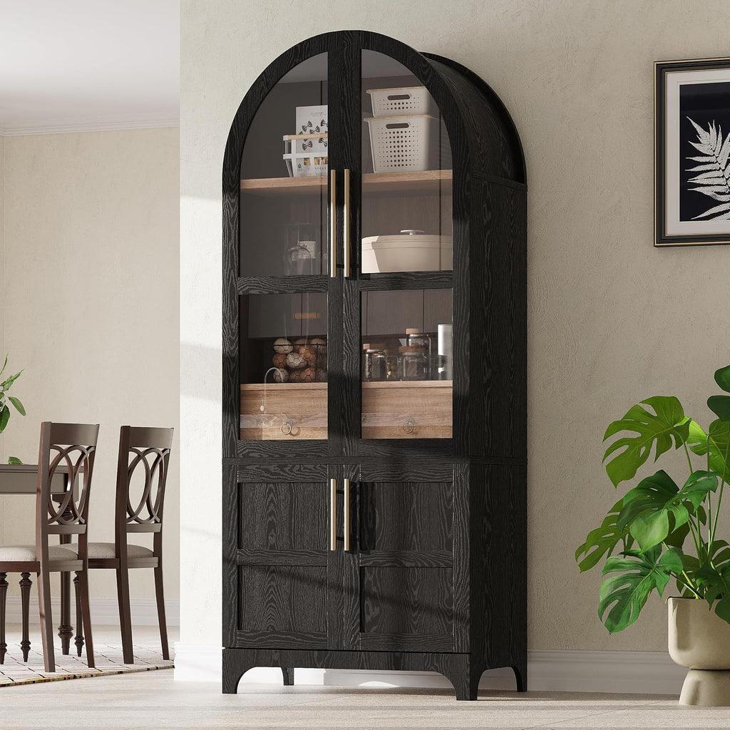 71" Tall Arched Kitchen Pantry Cabinet, Freestanding Kitchens Storage Cabinets with Hidden Drawers, Adjustable Shelves, & Glass Doors, Versatile Cupboard for Kitchen, Dining Room, Bathroom,Black