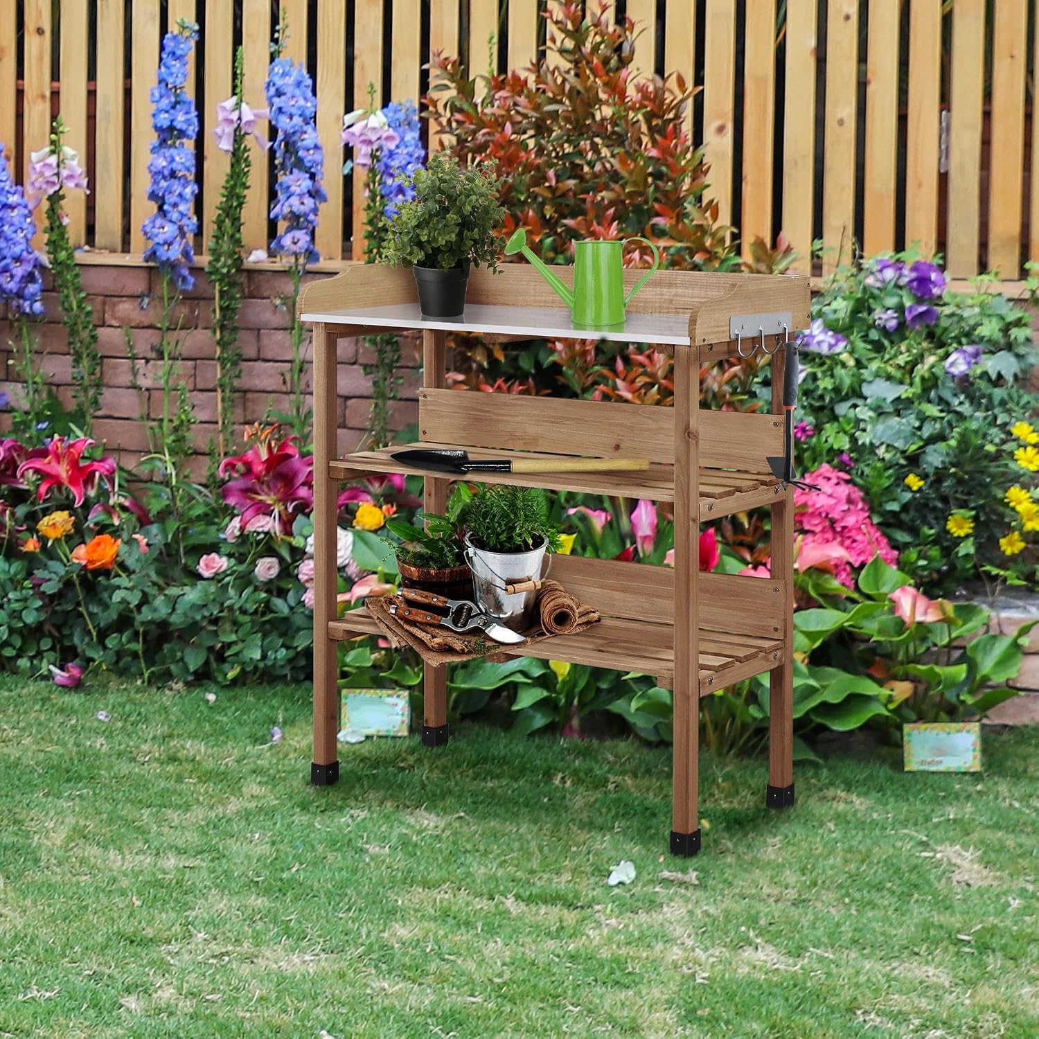 Topeakmart Potting Bench Table w/Metal Tabletop for Garden, Fir Wood Workstation w/3 Tier Shelves, Outdoor Work Bench w/Hook Brown