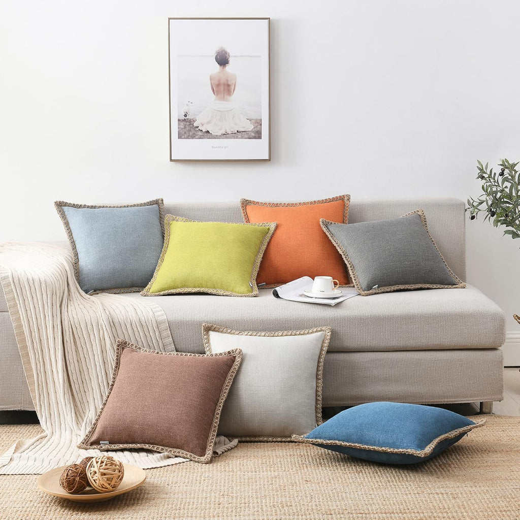 NordECO HOME Set of 2 Farmhouse Throw Pillow Covers - Burlap Linen Trimmed Tailored Edges Decorative Cushion Covers for Bed Home Decoration (Oatmeal/Linen Band, 2 Pieces, 20" x20")