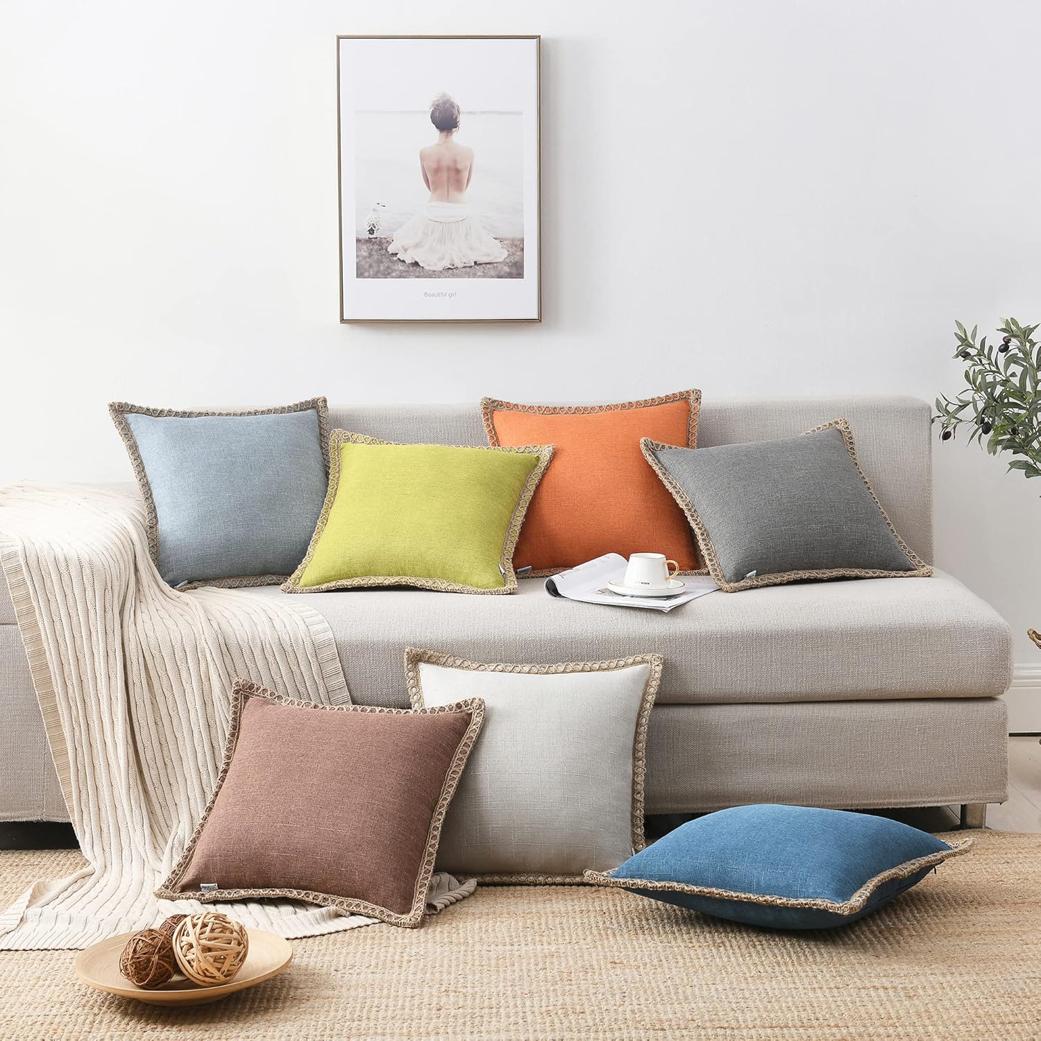 NordECO HOME Set of 2 Farmhouse Throw Pillow Covers - Burlap Linen Trimmed Tailored Edges Decorative Cushion Covers for Bed Home Decoration (Oatmeal/Linen Band, 2 Pieces, 20" x20")