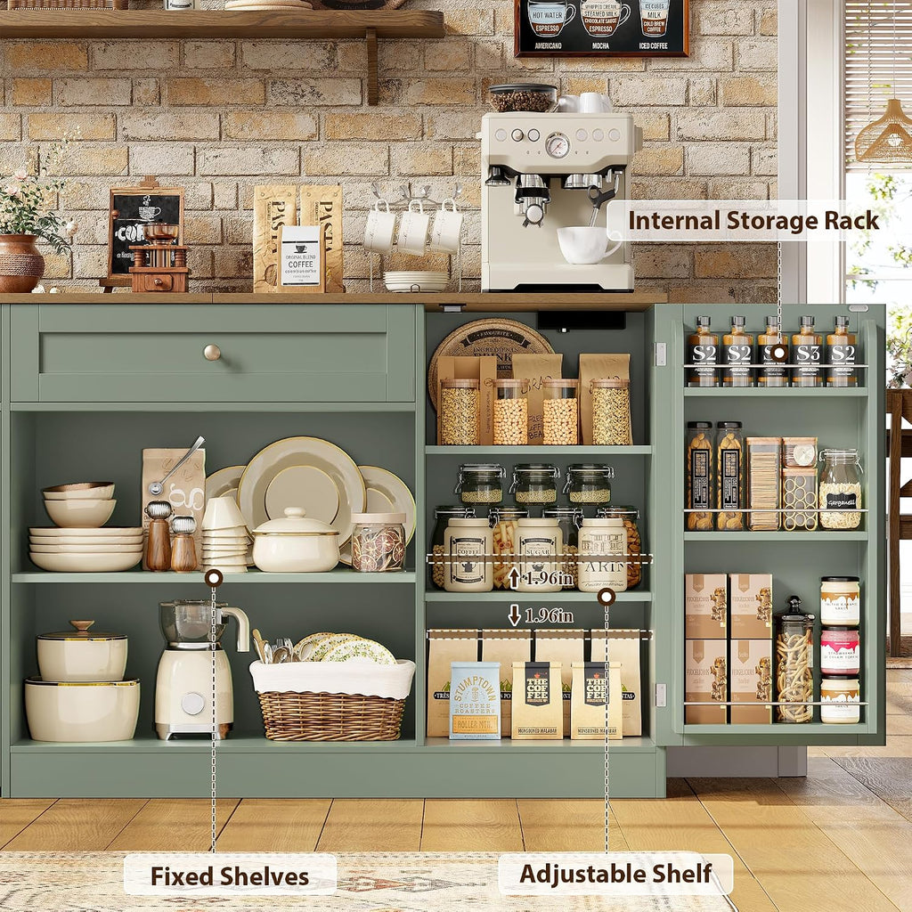 HOSTACK 59"W Kitchen Buffet Cabinet with Storage, Coffee Bar Cabinet, Green | Large Sideboard with Charging Station & Small Rolling Cart, Farmhouse Buffet with Adjustable Shelf & 2 Drawers & Door Rack