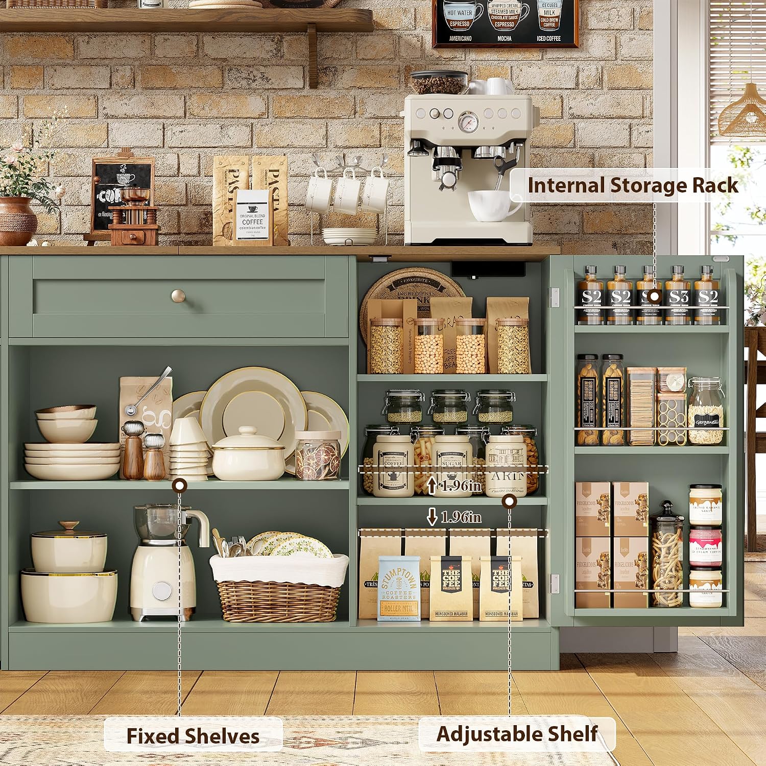 HOSTACK 59"W Kitchen Buffet Cabinet with Storage, Coffee Bar Cabinet, Green | Large Sideboard with Charging Station & Small Rolling Cart, Farmhouse Buffet with Adjustable Shelf & 2 Drawers & Door Rack