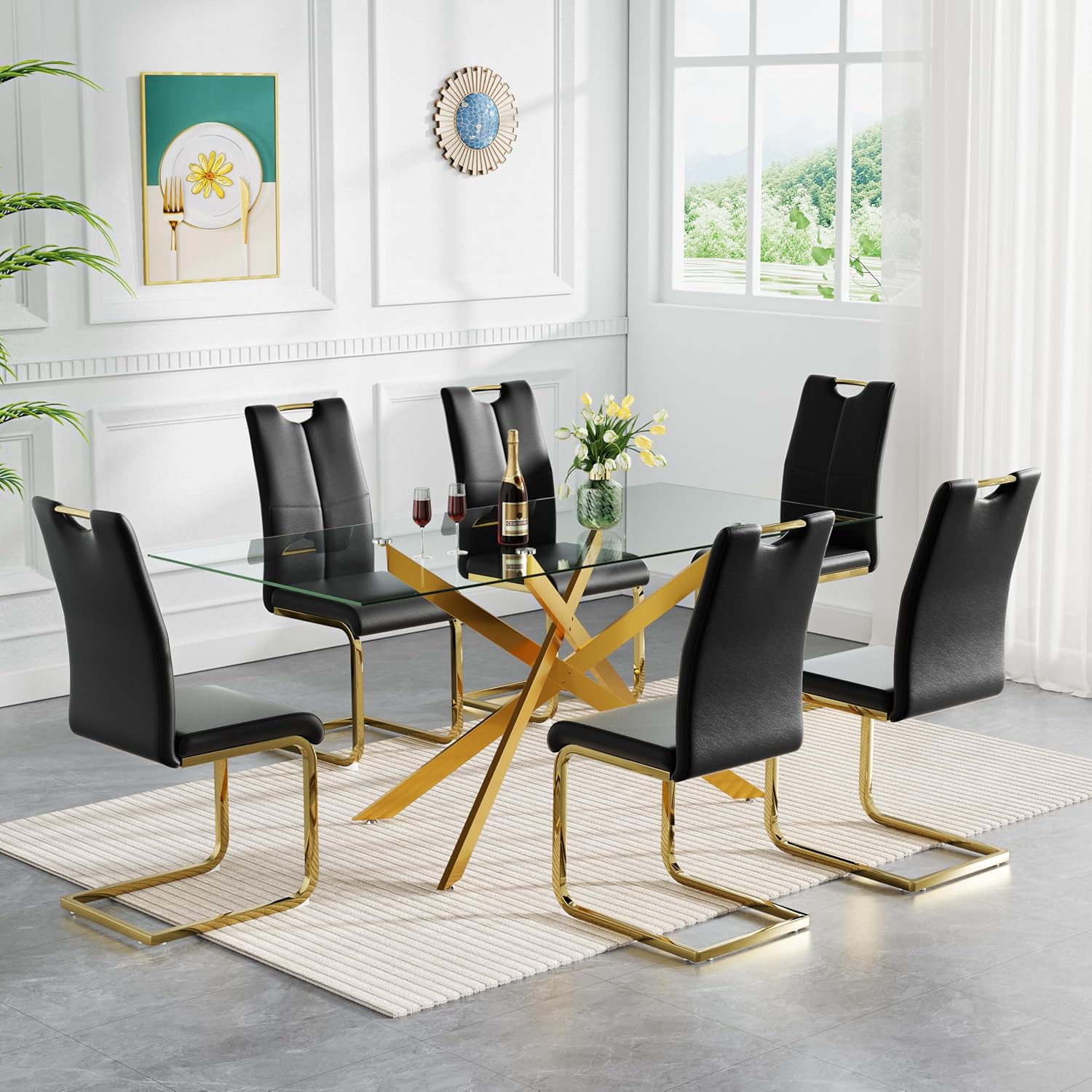 Henf Glass Dining Table Set for 6, 7 Piece Modern Kitchen Table and Chairs for 6,Gold Dining Room Table Set with 61" Glass Dinner Table & 6 Black Faux Leather Chairs for Small Space,Home, Apartment