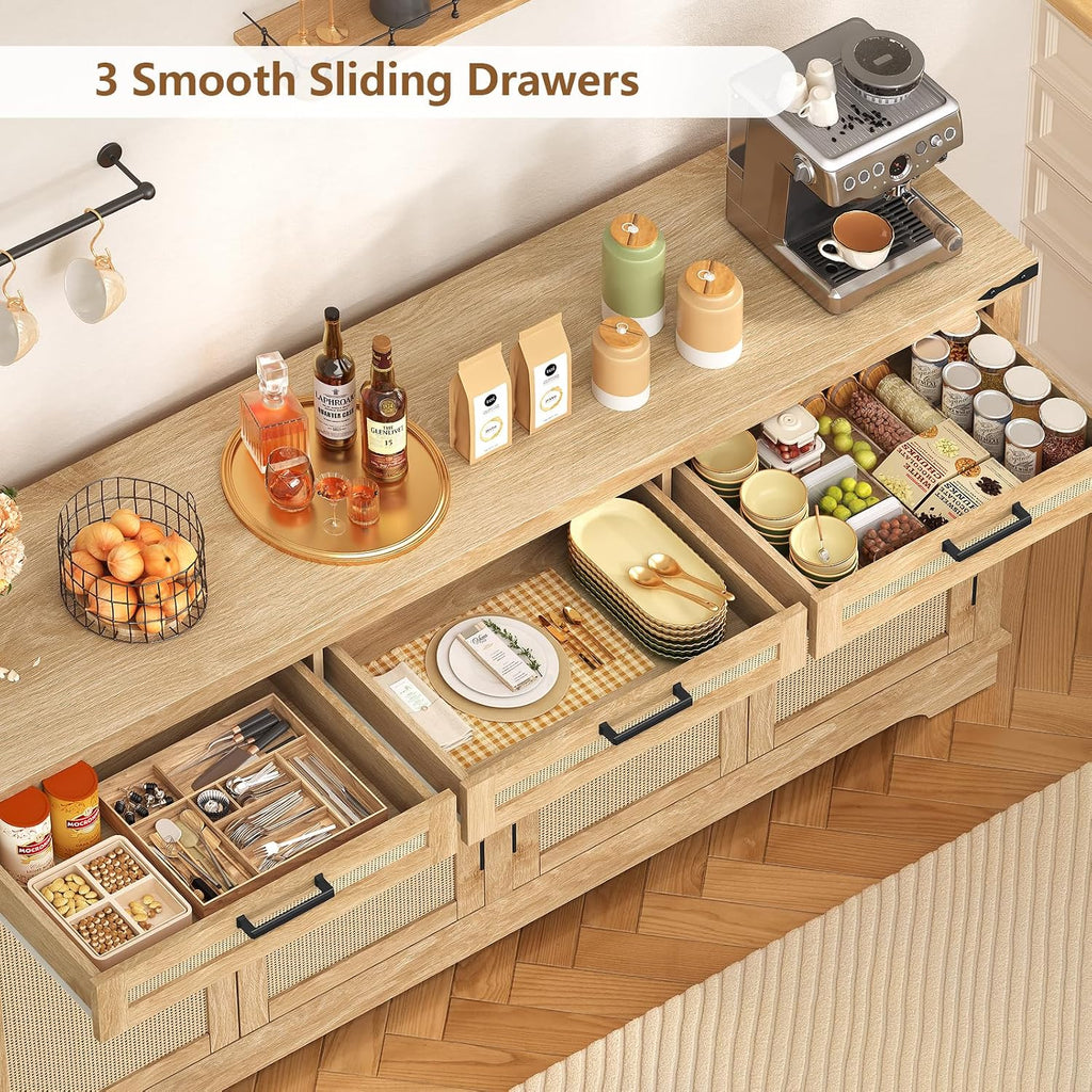 usikey 61” Large Buffet Cabinet with Storage, Sideboard Cabinet with 4 Doors and 3 Drawers, Farmhouse Buffet Table, Dining Room Storage Cabinet for Kitchen or Living Room, Natural