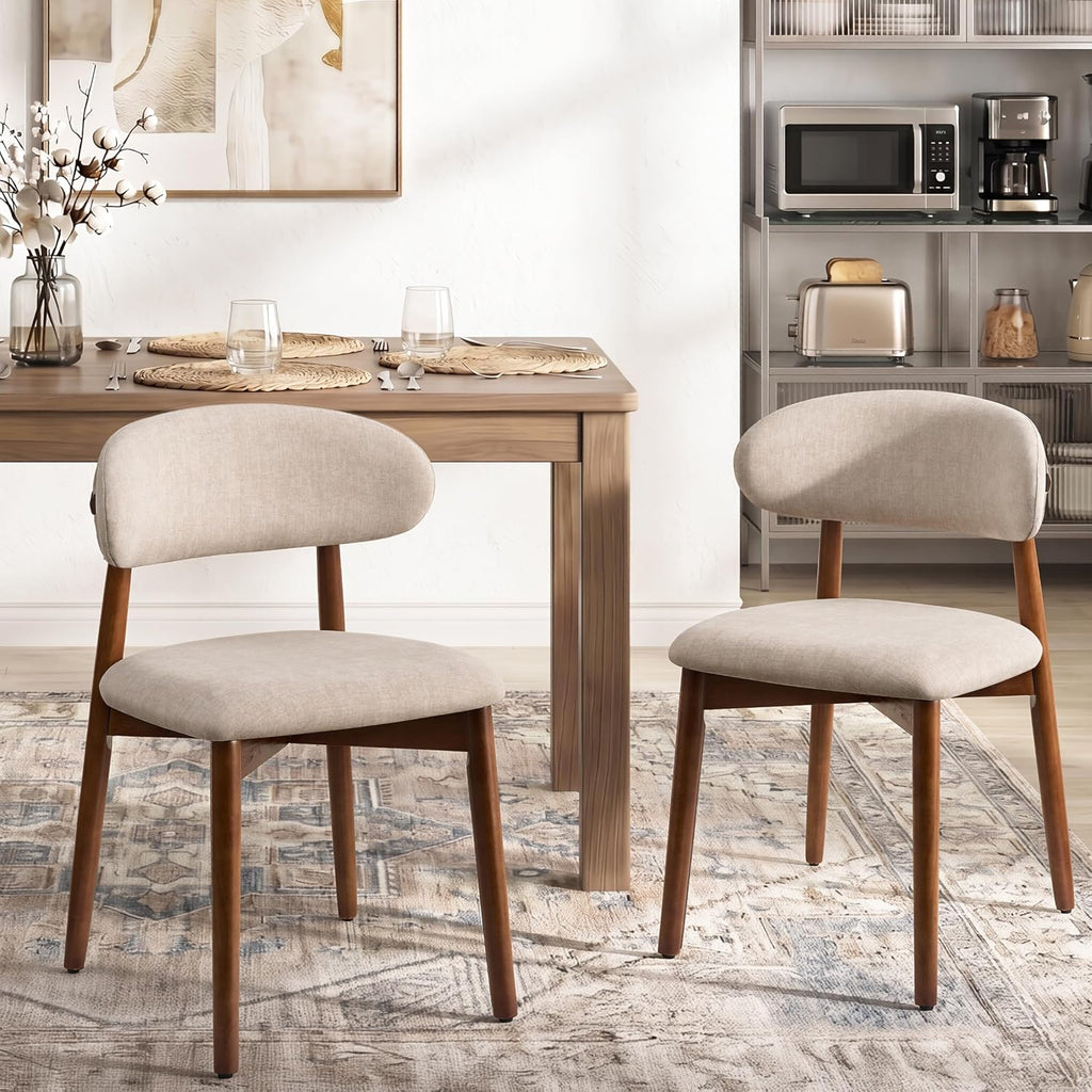 Mid Century Modern Dining Chairs Set of 6, Farmhouse Wooden Fabric Upholstered Kitchen Chairs with Curve Back, Mid-Century Dining Room Chairs for Living Room Restaurant Cafe with Brown Legs, Camel