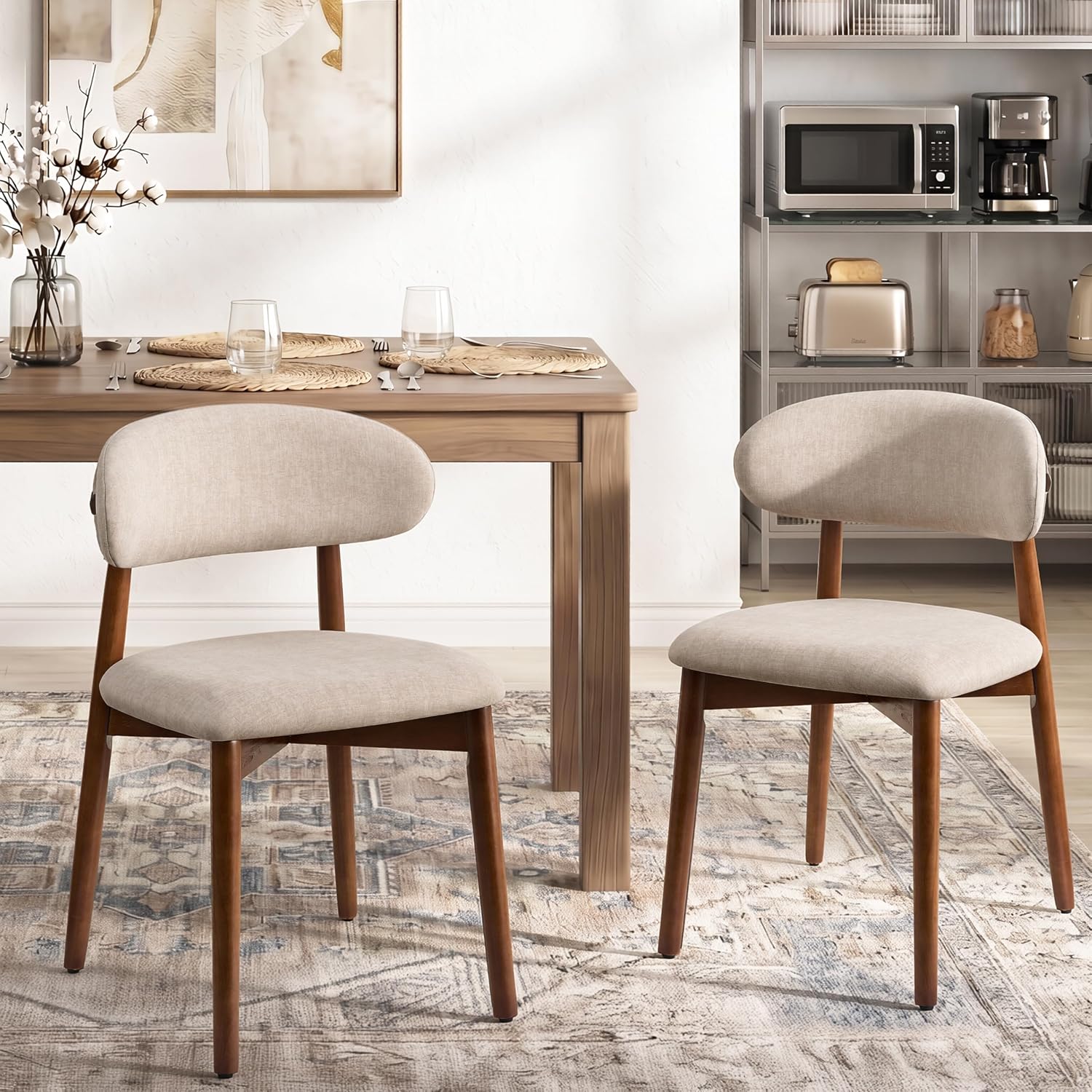 Mid Century Modern Dining Chairs Set of 6, Farmhouse Wooden Fabric Upholstered Kitchen Chairs with Curve Back, Mid-Century Dining Room Chairs for Living Room Restaurant Cafe with Brown Legs, Camel
