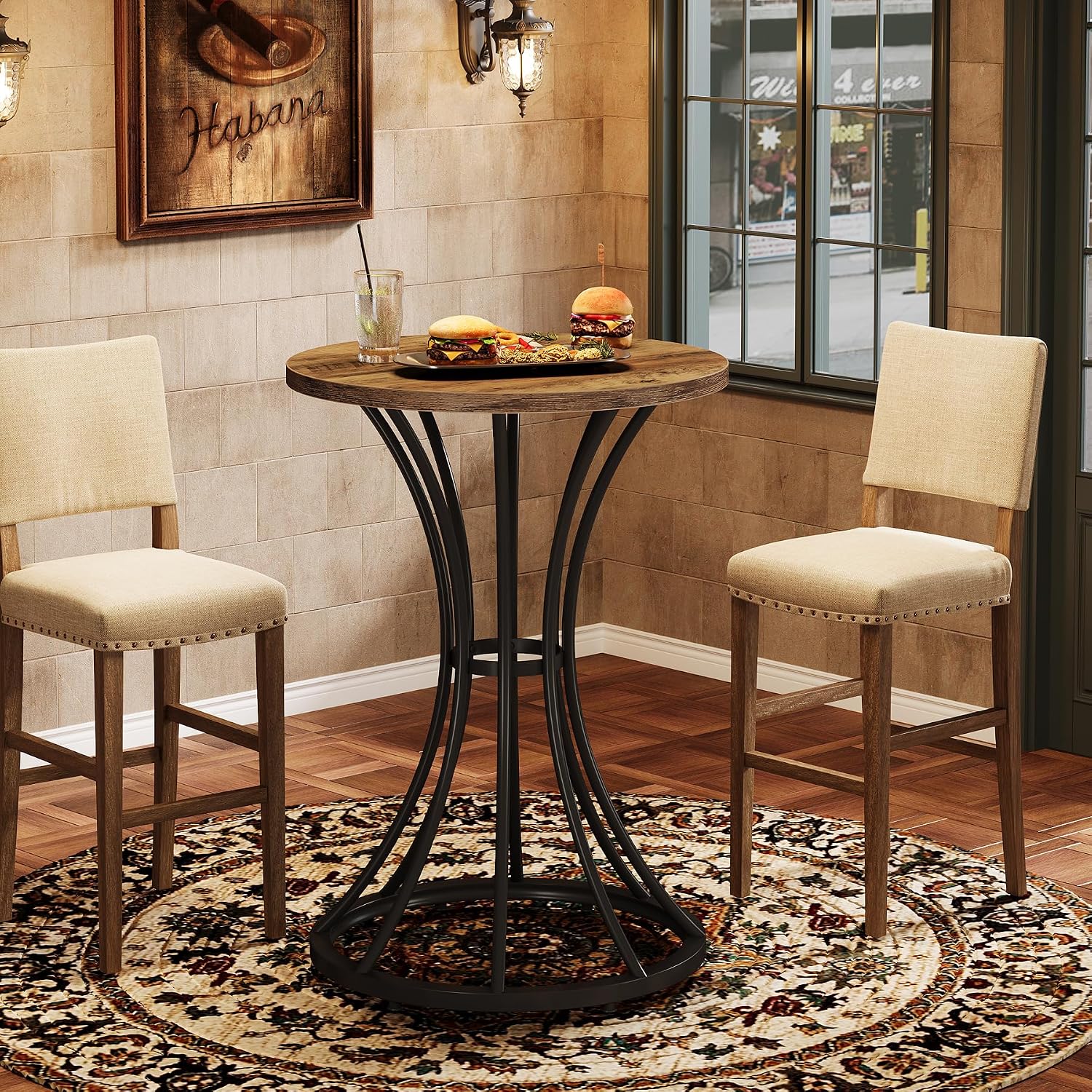 Tribesigns 37.4" H Bar Table, Round Bar Table with Curved Metal Base, Bar Height Table for Small Spaces, Living Room, Kitchen, or Apartments (Brown & Black) (1)