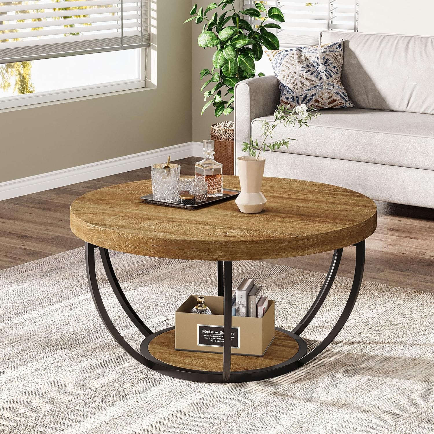 Tribesigns Round Coffee Table, 31.7" Wooden 2-Tier Circle Coffee Table with Storage Shelves, Modern Accent Cocktail Table Center Table for Living Room, Natural Wood Brown