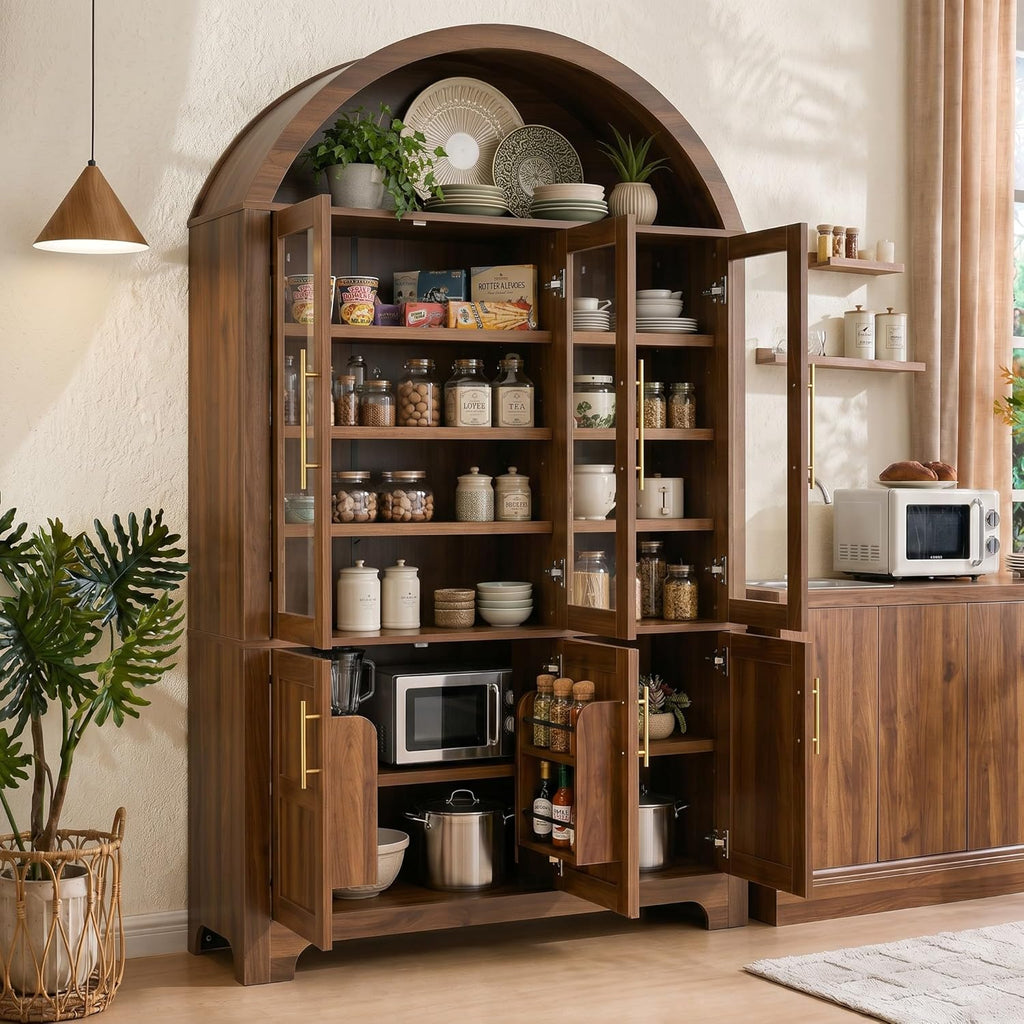 Merax 73" Tall Arched Kitchen Pantry Cabinet, Farmhouse Storage Cabinet with 3 Glass Doors, Adjustable Shelves & Door Racks, Tall Cupboard for Dining Room, Bathroom