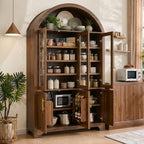 Merax 73" Tall Arched Kitchen Pantry Cabinet, Farmhouse Storage Cabinet with 3 Glass Doors, Adjustable Shelves & Door Racks, Tall Cupboard for Dining Room, Bathroom
