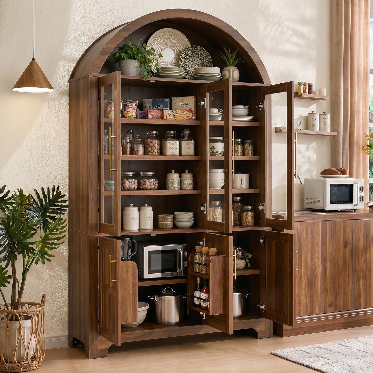 Merax 73" Tall Arched Kitchen Pantry Cabinet, Farmhouse Storage Cabinet with 3 Glass Doors, Adjustable Shelves & Door Racks, Tall Cupboard for Dining Room, Bathroom