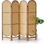 Arched Rattan Room Divider 5.6 Ft Folding Privacy Screen, 4 Panel Freestanding Room Partition with Double Hinges, Lightweight Paulownia Wood Divider for Bedroom, Restaurant, Office, Natural